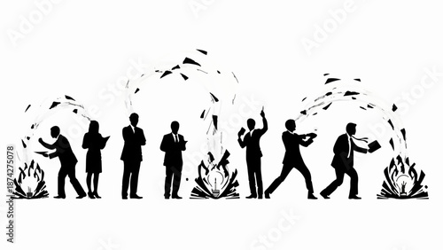 Business people in silhouette throwing papers into flames, symbolizing project completion or destruction.