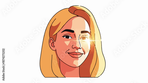 Stylized portrait of a smiling blonde woman with bright light on her eye