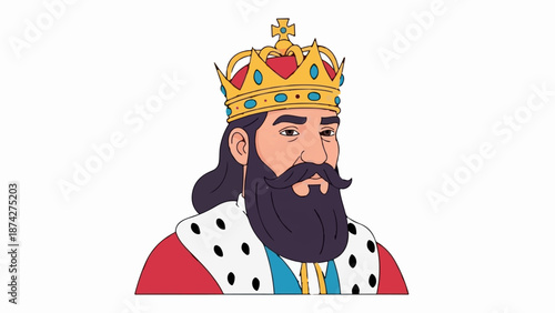 Stylized portrait of a regal king wearing a golden crown and fur-trimmed robe, against white