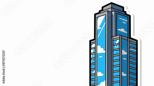Stylized tall building with blue glass reflecting clouds and sky, on a white background