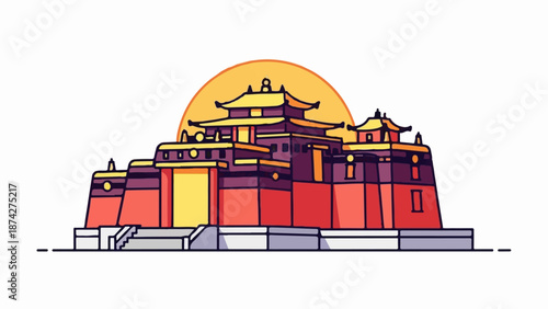 Stylized temple complex with tiered roofs and a sun disc