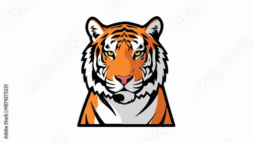 Stylized tiger head, vibrant orange with black stripes and piercing yellow eyes