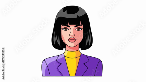 Stylized portrait of a woman with bob haircut wearing purple jacket and yellow top