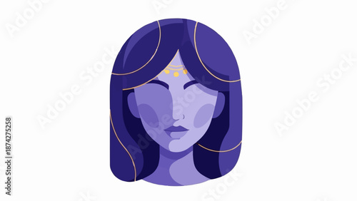 Stylized portrait of a woman with dark blue hair and purple skin, adorned with gold accents