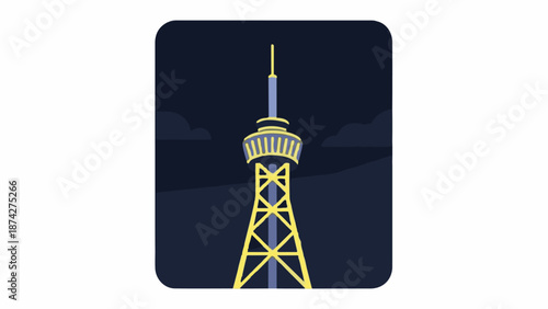 Stylized tower at dusk with cloud elements against a dark sky