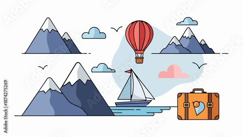 Stylized mountains, sailboat, hot air balloon, suitcase, clouds, and birds in sky