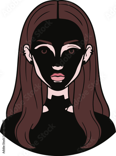 Stylized portrait of a woman with dark hair and a black mask covering her face