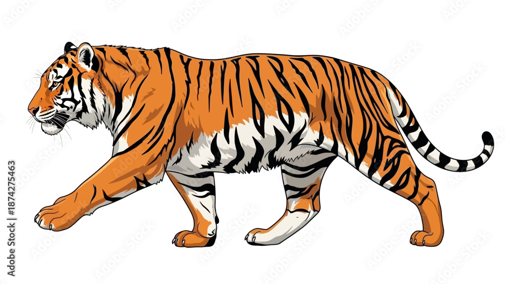 Obraz premium Illustration of a walking tiger with orange and black stripes on a white background