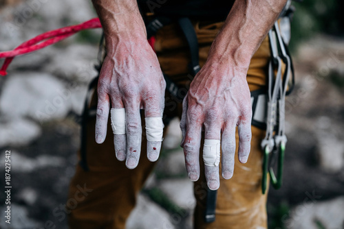 Chalk Covered Fingers Of Rock Climber After Difficult Route: Taped Fingertips, Worn Skin, And Small Traces Of Blood Showing Physical Strain In Close Up Detail