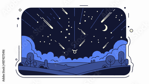 Stylized night sky with shooting stars, a crescent moon, and rolling hills with trees