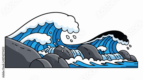 Stylized ocean waves crash against dark, smooth rocks in a simplified graphic