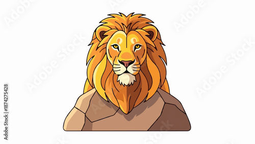 Stylized lion with golden mane resting on rocky outcrop