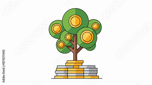 Stylized tree with green foliage, each circular leaf contains a golden coin motif