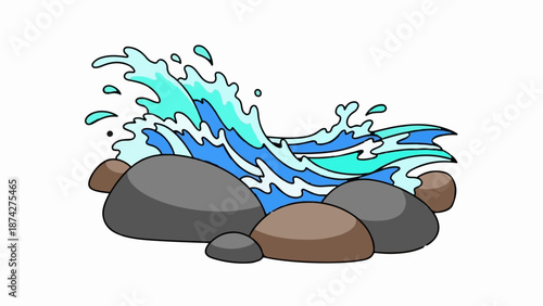 Stylized ocean waves crash against smooth, rounded rocks