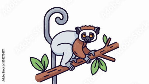 Stylized primate with gray body, brown limbs, and white face markings, perched on a branch