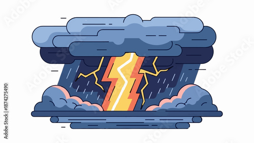 Stylized stormy sky with rain and jagged lightning striking through dark clouds