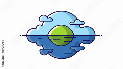 Stylized sun or planet reflected on water with clouds above