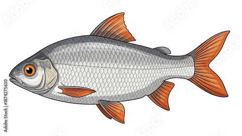 Illustration of a silver fish with orange fins on a white background