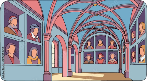 Stylized medieval hall with portraits in arched window bays