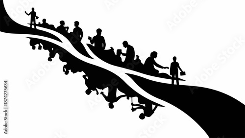 Diverse group of people walking together on a dynamic, flowing path symbolizing progress and unity.