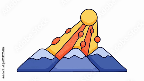 Stylized sunbeams illuminate a mountainous landscape with playful, rounded forms