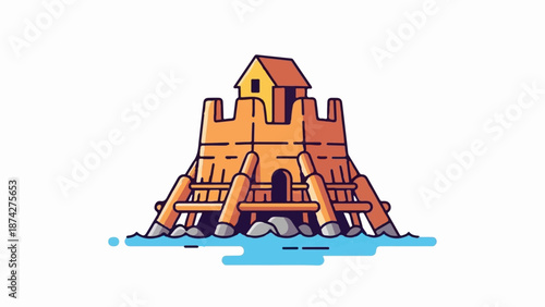 Stylized orange tower on wooden stilts in blue water with a small yellow house