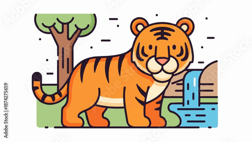 Stylized orange tiger stands beside a small waterfall and tree on a grassy area