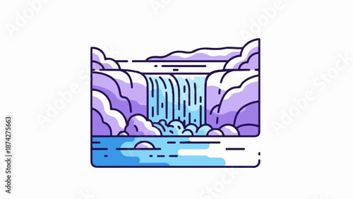 Stylized purple cliffs frame a cascading waterfall into a blue body of water
