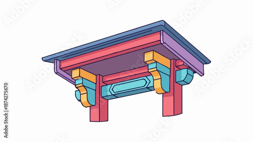 Stylized oriental architectural element with colorful layered roof and decorative supports