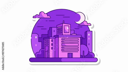 Stylized purple buildings and moonlit sky