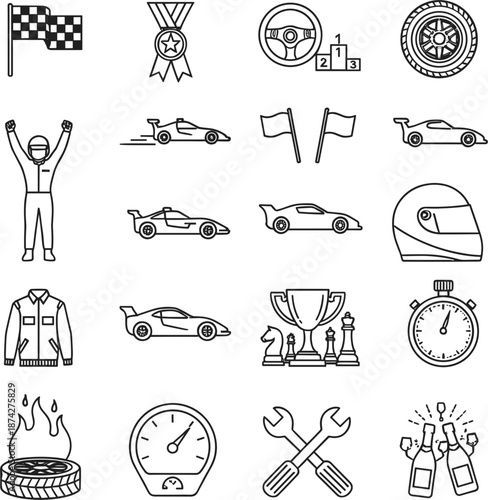 Professional line icons for motorsports grand prix racing featuring race cars trophies and driver equipment.