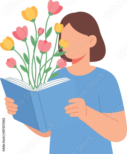 International Womens Day Illustration of Woman Reading Book with Blooming Flowers, Empowerment Concept
