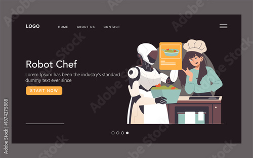 Robot Chef Assisting Human in Kitchen Vector Illustration