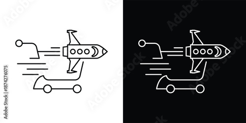 This silhouette icon illustrates a shopping cart combined with a horizontally positioned rocket, emphasizing extreme speed, instant movement, and efficiency in the shopping or checkout process