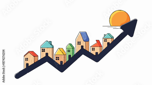Stylized homes ascend an upward trending arrow towards a setting sun