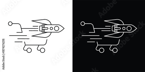 This silhouette icon illustrates a shopping cart combined with a horizontally positioned rocket, emphasizing extreme speed, instant movement, and efficiency in the shopping or checkout process