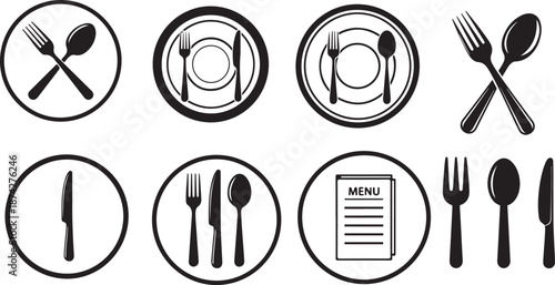  Fork, spoon and knife cutlery icon set. Menu and restaurant symbols for food service, dining and cafe design. vector illustration eps