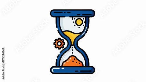 Stylized hourglass with orange sand, yellow sand, sun, and a gear