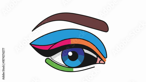 Stylized human eye with vibrant, multi-colored eyeshadow and brown eyebrow