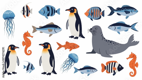 Collection of various sea creatures and penguins illustrations on white background