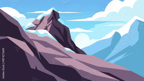 Stylized digital artwork of snowy mountain peaks under a blue sky with clouds
