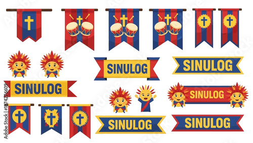 Collection of Sinulog festival colorful banners and flags with religious symbols on white background