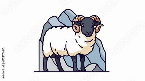 Stylized ram with curled horns stands on rocky terrain