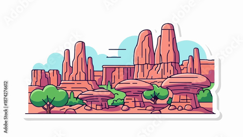Stylized desert rock formations with lush green trees and soft blue clouds