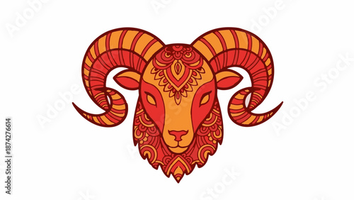 Stylized ram head with intricate patterns in orange and red tones