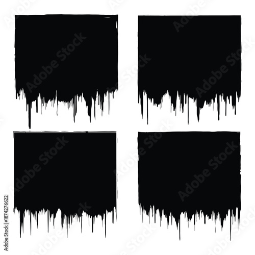 Set of black and white grunge banners and frames featuring vintage vector ink splatters with messy paint brush stroke textures and dirty paper border design elements