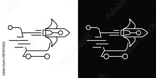 This silhouette icon illustrates a shopping cart combined with a horizontally positioned rocket, emphasizing extreme speed, instant movement, and efficiency in the shopping or checkout process