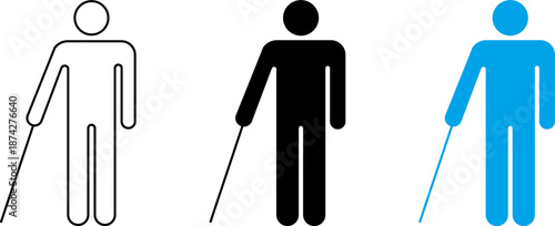 Blind person walking with cane icon set in outline, solid black and blue styles. Accessible symbol for disability, healthcare, navigation, signage, and user interface design.