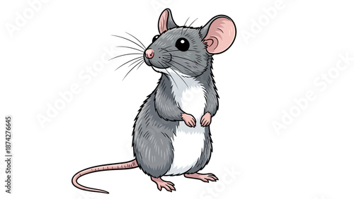 Illustration of a standing gray mouse with pink ears and tail on a white background