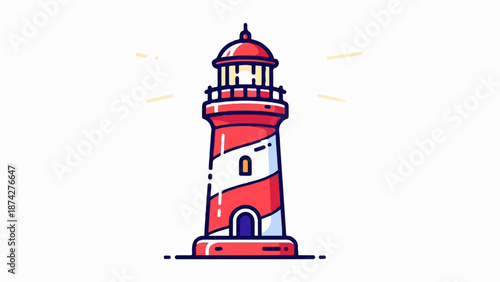 Stylized red and white striped tower emits yellow light beams on a white background